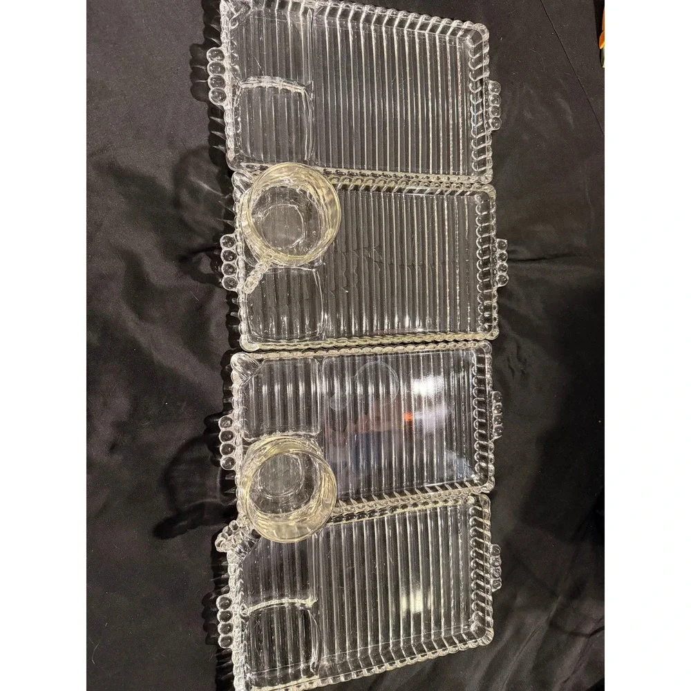 Vintage Federal Glass Manhattan Snack Set 4 Trays 2 Cups Clear Ribbed Art Deco